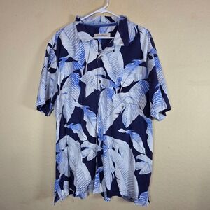 Tommy Bahama Mens XXL Silk Hawaiian Aloha Shirt Navy Blue Palm Leaf vacation